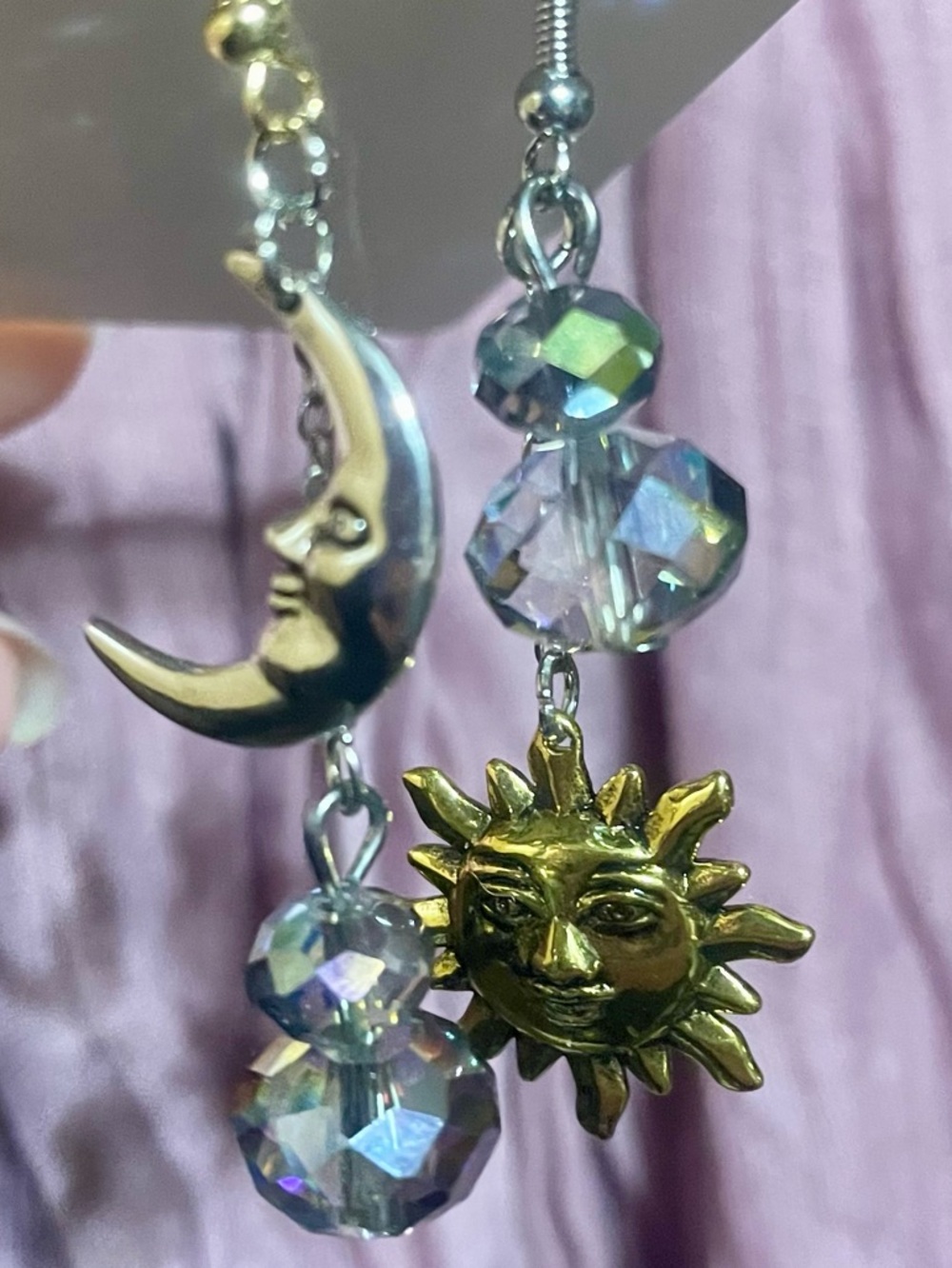 ❌❌SOLD❌❌Hand Crafted Gold Sun & Silver Moon Asymmetrical Dangle Earrings - Picture 4 of 7